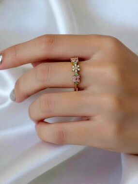 Sakura Flower Shiny Zircon Open Ring, Y2K Women Jewelry
